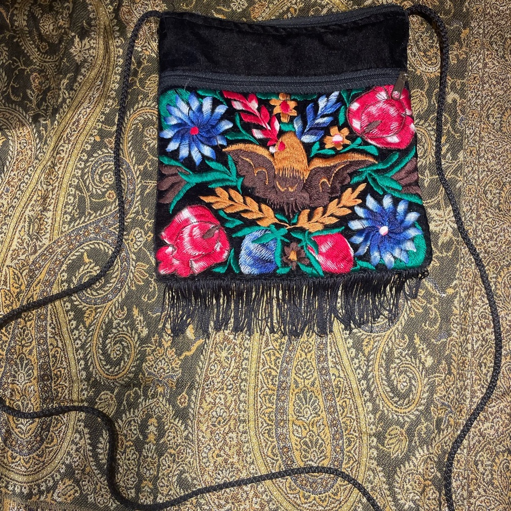 Embroidered Floral Black Crossbody Bag